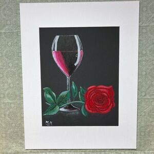 Red Rose Wine Glass Acrylic Art Painting Framed in White Matting